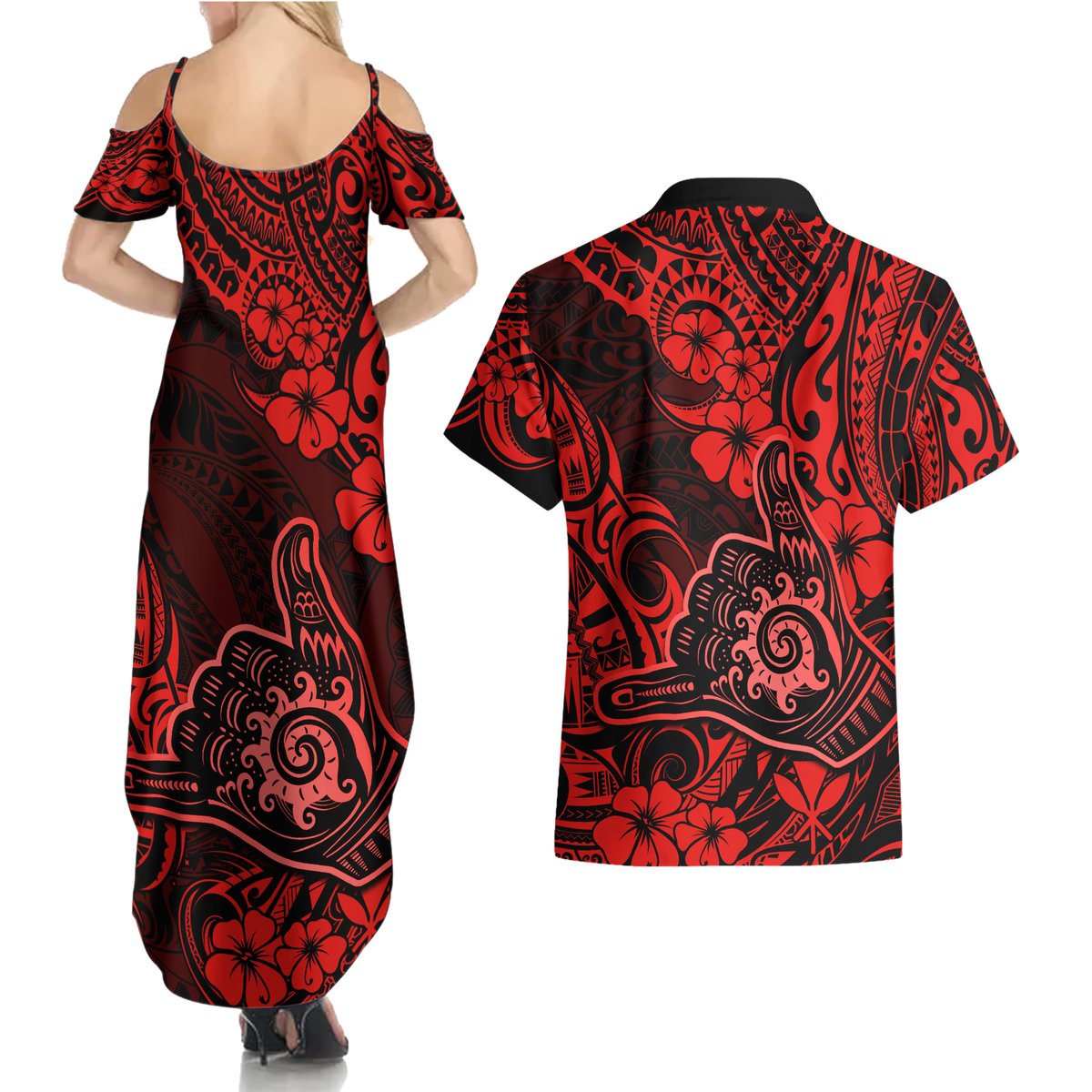 Hawaii Shaka Sign Couples Matching Summer Maxi Dress and Hawaiian Shirt Polynesian Pattern Red Version LT01 - Polynesian Pride