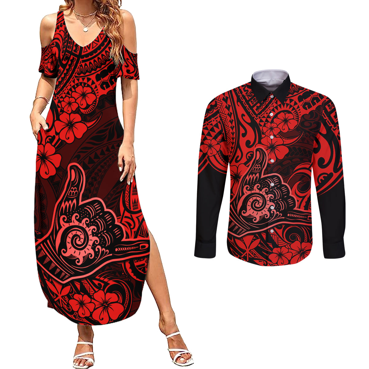 Hawaii Shaka Sign Couples Matching Summer Maxi Dress and Long Sleeve Button Shirts Polynesian Pattern Red Version LT01 Red - Polynesian Pride