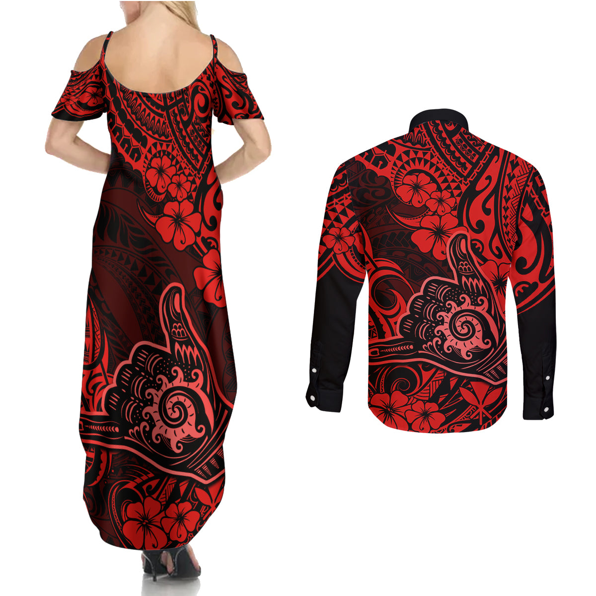 Hawaii Shaka Sign Couples Matching Summer Maxi Dress and Long Sleeve Button Shirts Polynesian Pattern Red Version LT01 - Polynesian Pride