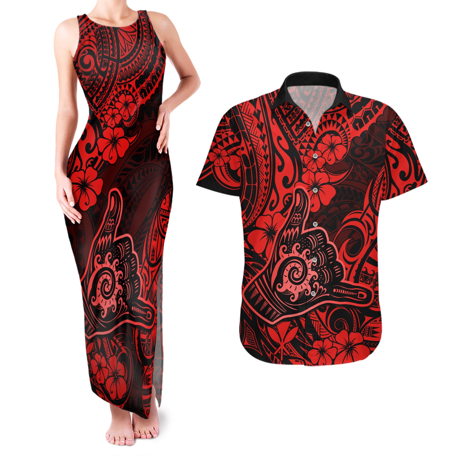 Hawaii Shaka Sign Couples Matching Tank Maxi Dress and Hawaiian Shirt Polynesian Pattern Red Version LT01 Red - Polynesian Pride