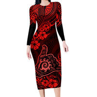 Hawaii Shaka Sign Family Matching Long Sleeve Bodycon Dress and Hawaiian Shirt Polynesian Pattern Red Version LT01 Mom's Dress Red - Polynesian Pride