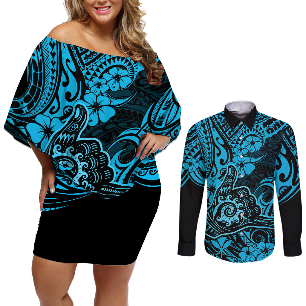Hawaii Shaka Sign Couples Matching Off Shoulder Short Dress and Long Sleeve Button Shirts Polynesian Pattern Sky Blue Version LT01 Blue - Polynesian Pride