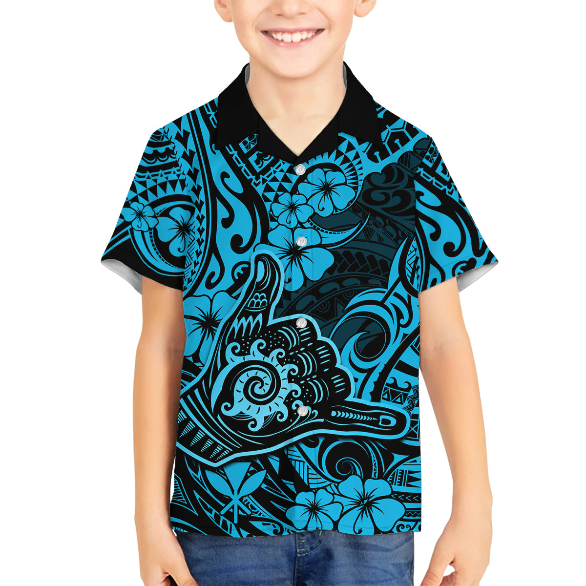 Hawaii Shaka Sign Family Matching Off Shoulder Short Dress and Hawaiian Shirt Polynesian Pattern Sky Blue Version LT01 Son's Shirt Blue - Polynesian Pride