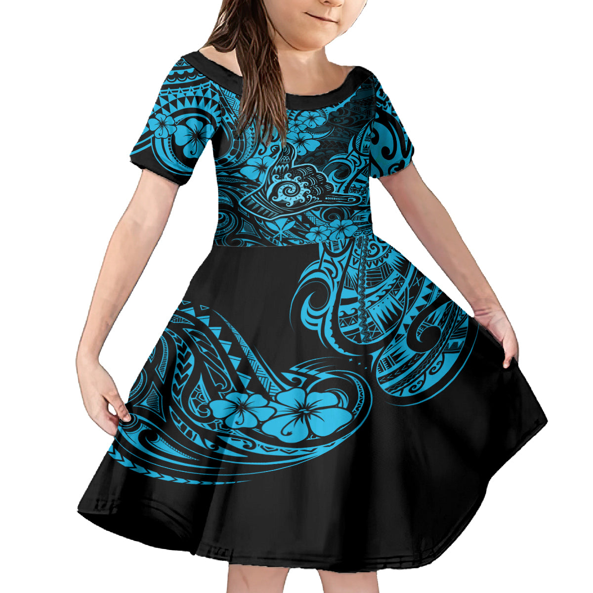 Hawaii Shaka Sign Family Matching Summer Maxi Dress and Hawaiian Shirt Polynesian Pattern Sky Blue Version LT01 Daughter's Dress Blue - Polynesian Pride