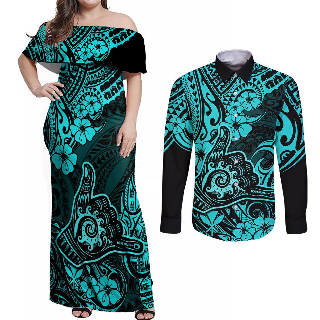 Hawaii Shaka Sign Couples Matching Off Shoulder Maxi Dress and Long Sleeve Button Shirts Polynesian Pattern Turquoise Version LT01 Turquoise - Polynesian Pride
