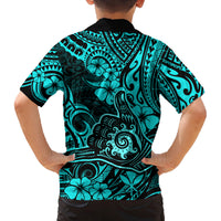 Hawaii Shaka Sign Family Matching Off Shoulder Short Dress and Hawaiian Shirt Polynesian Pattern Turquoise Version LT01 - Polynesian Pride