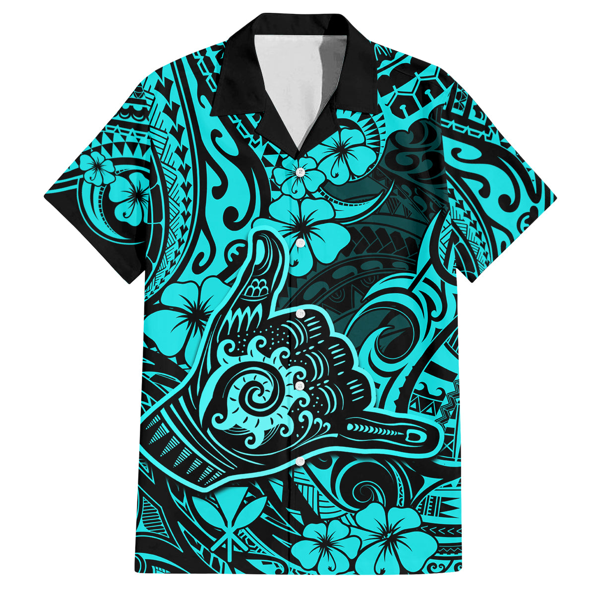 Hawaii Shaka Sign Family Matching Summer Maxi Dress and Hawaiian Shirt Polynesian Pattern Turquoise Version LT01 Dad's Shirt - Short Sleeve Turquoise - Polynesian Pride