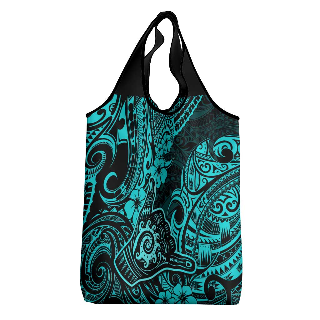 Hawaii Shaka Sign Grocery Bag Polynesian Pattern Turquoise Version