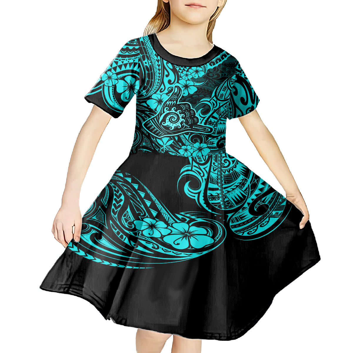 Hawaii Shaka Sign Kid Short Sleeve Dress Polynesian Pattern Turquoise Version LT01 - Polynesian Pride