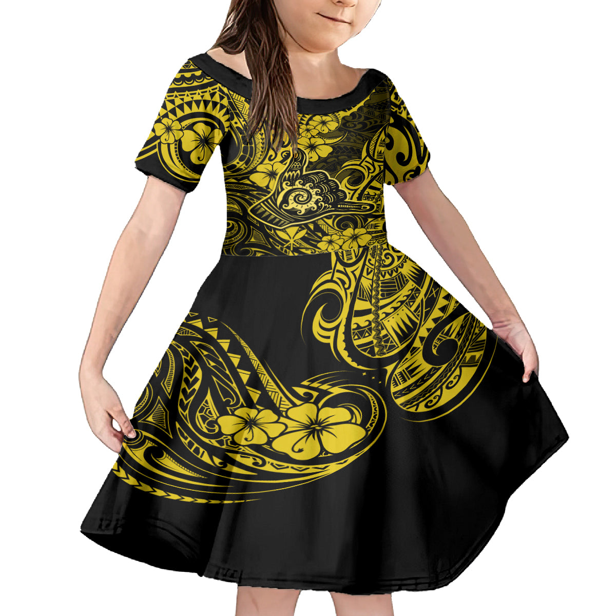 Hawaii Shaka Sign Family Matching Tank Maxi Dress and Hawaiian Shirt Polynesian Pattern Yellow Version LT01 Daughter's Dress Yellow - Polynesian Pride