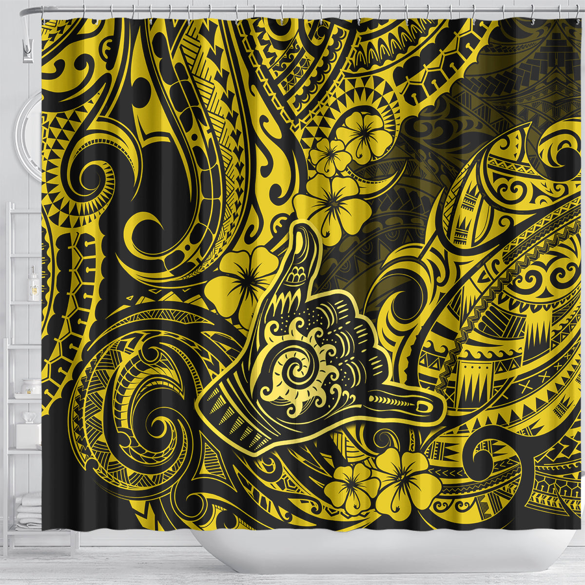Hawaii Shaka Sign Shower Curtain Polynesian Pattern Yellow Version LT01 - Polynesian Pride