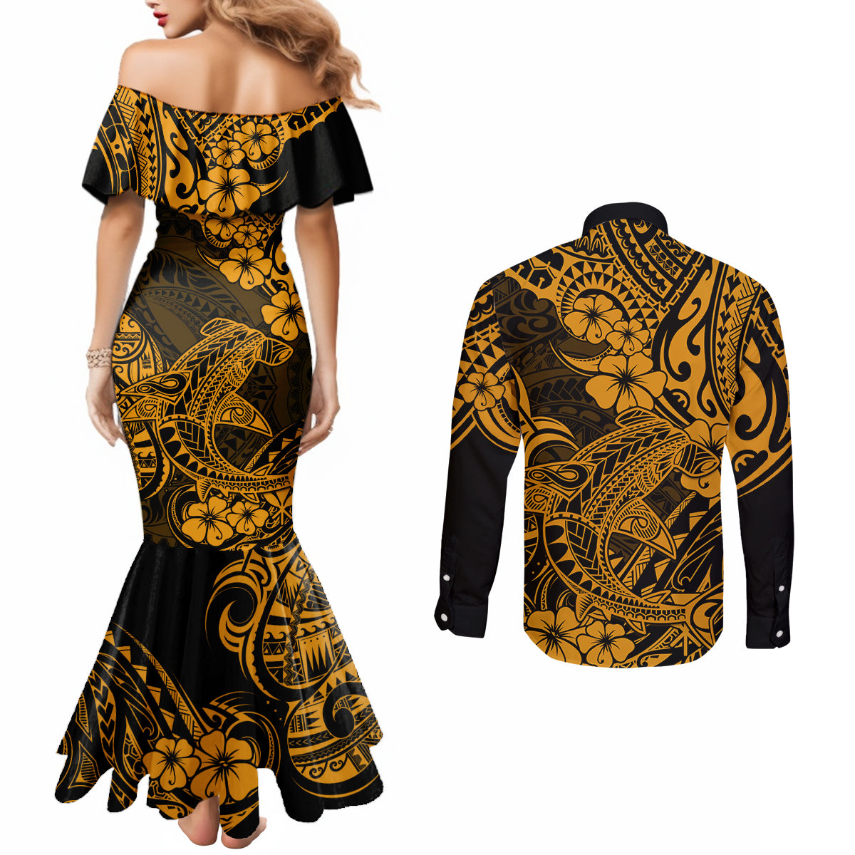 Hawaii Shark Couples Matching Mermaid Dress and Long Sleeve Button Shirts Polynesian Pattern Gold Version LT01 - Polynesian Pride