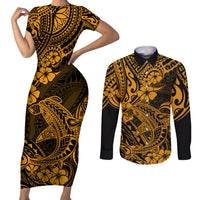 Hawaii Shark Couples Matching Short Sleeve Bodycon Dress and Long Sleeve Button Shirts Polynesian Pattern Gold Version LT01 Gold - Polynesian Pride