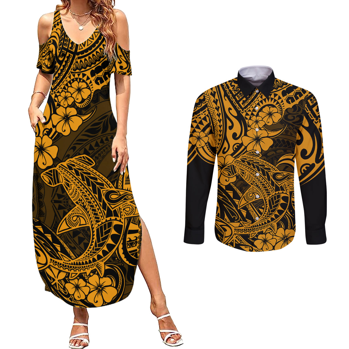 Hawaii Shark Couples Matching Summer Maxi Dress and Long Sleeve Button Shirts Polynesian Pattern Gold Version LT01 Gold - Polynesian Pride