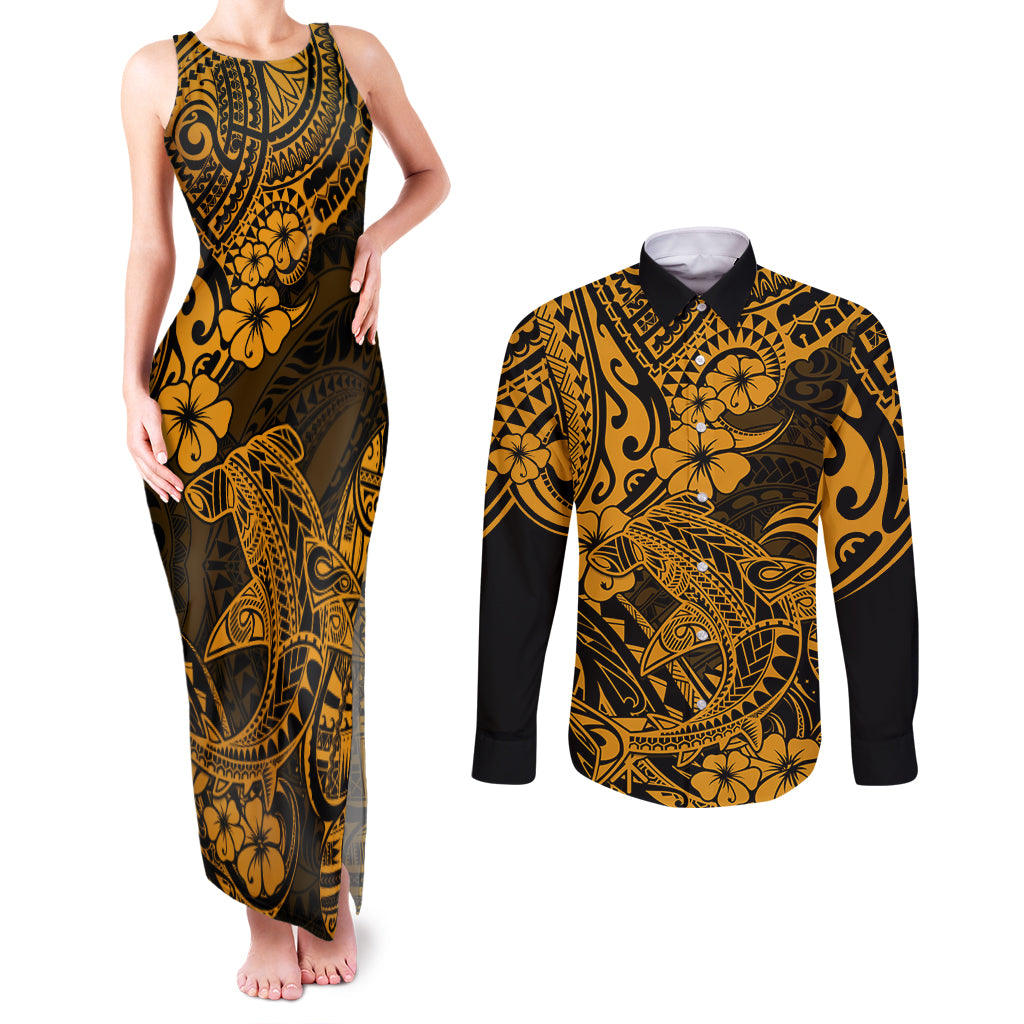Hawaii Shark Couples Matching Tank Maxi Dress and Long Sleeve Button Shirts Polynesian Pattern Gold Version LT01 Gold - Polynesian Pride