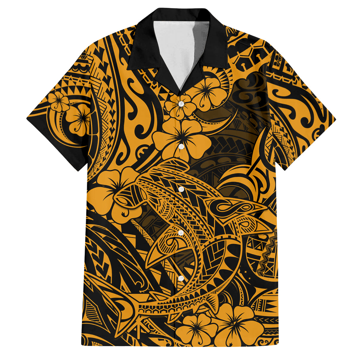 Hawaii Shark Family Matching Off Shoulder Maxi Dress and Hawaiian Shirt Polynesian Pattern Gold Version LT01 Dad's Shirt - Short Sleeve Gold - Polynesian Pride