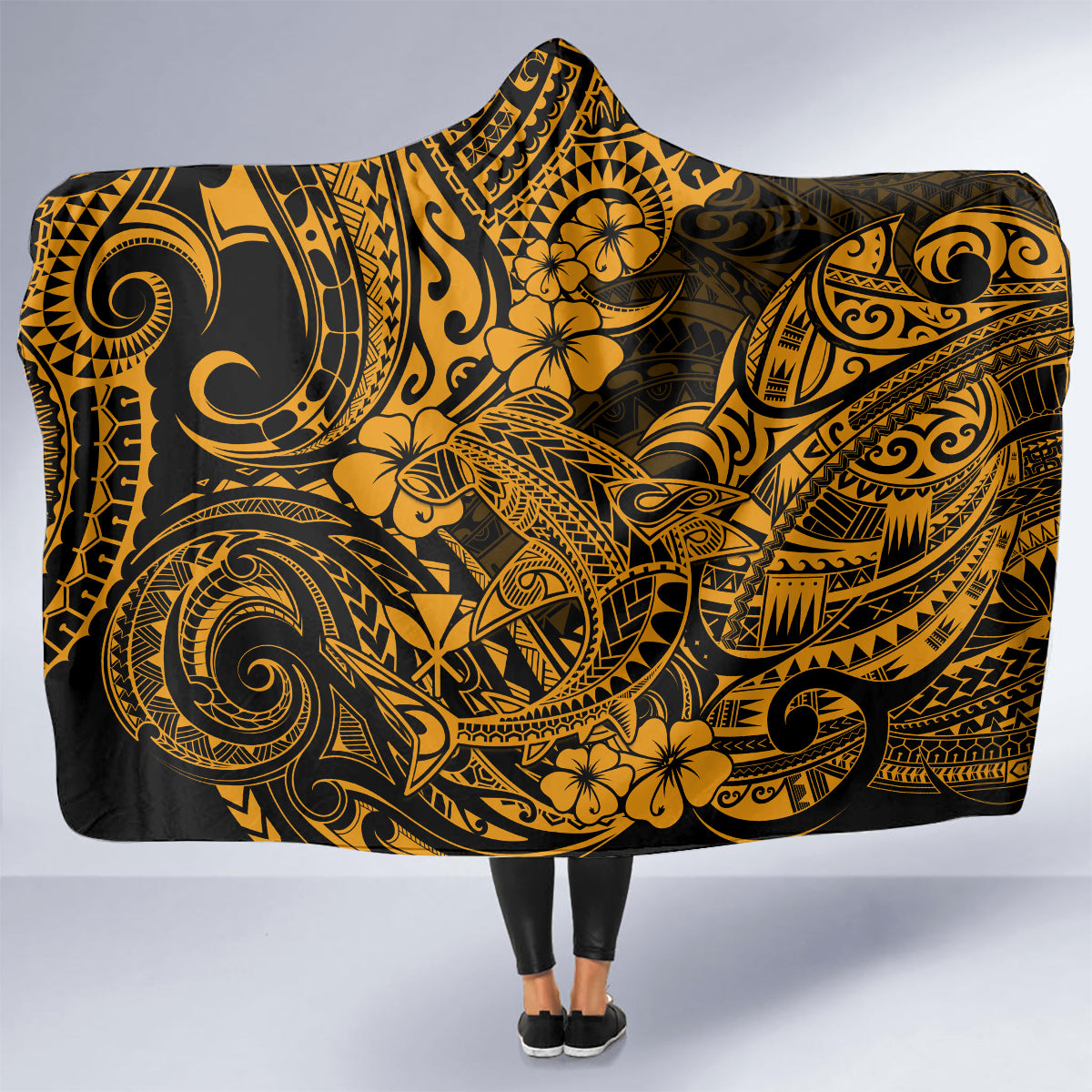 Hawaii Shark Hooded Blanket Polynesian Pattern Gold Version LT01 - Polynesian Pride