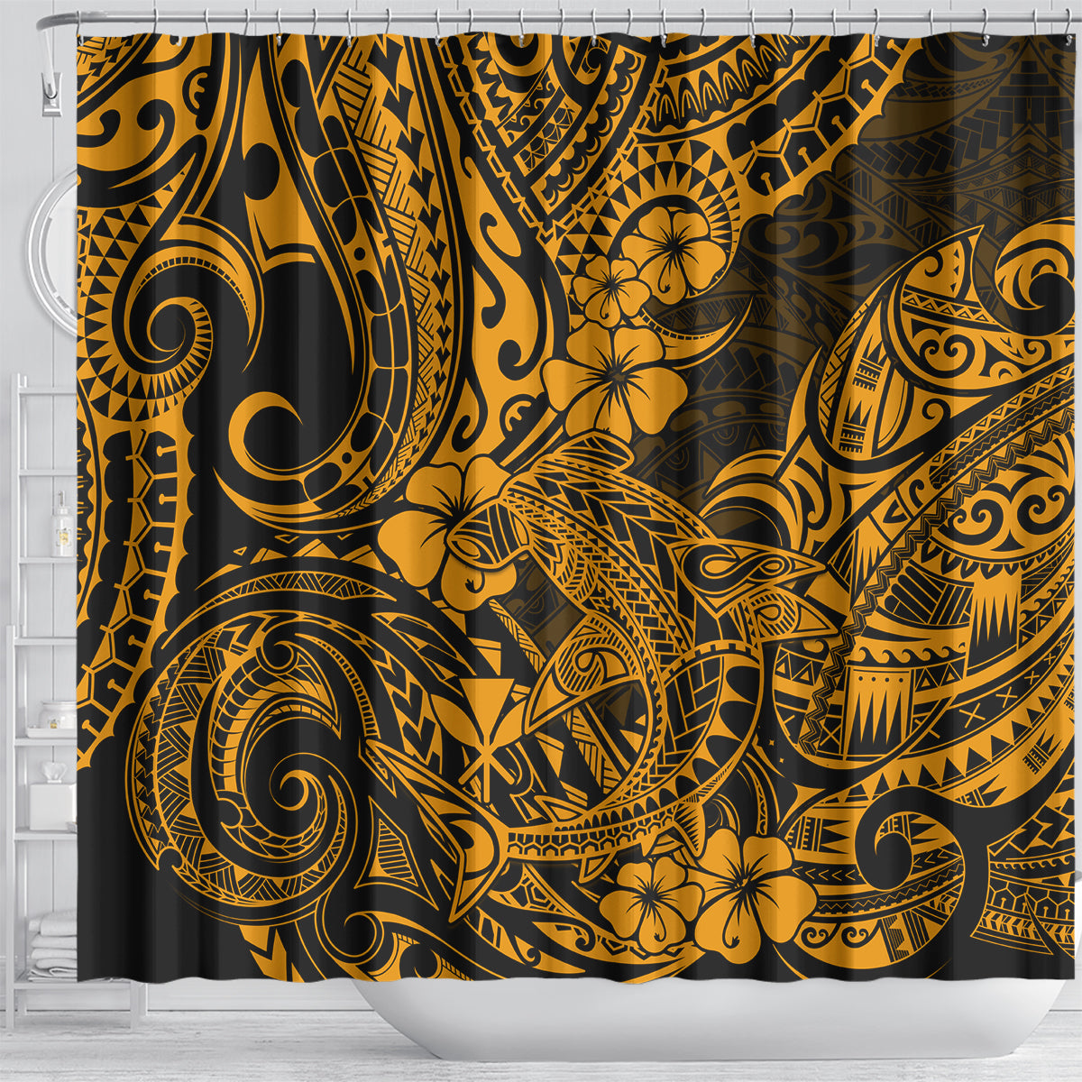Hawaii Shark Shower Curtain Polynesian Pattern Gold Version LT01 - Polynesian Pride
