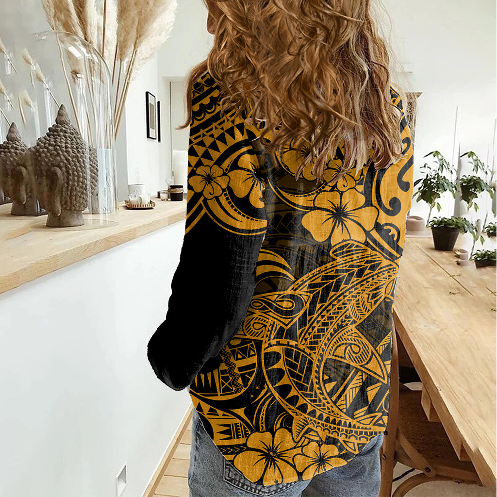 Hawaii Shark Women Casual Shirt Polynesian Pattern Gold Version LT01 - Polynesian Pride