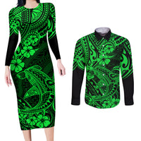 Hawaii Shark Couples Matching Long Sleeve Bodycon Dress and Long Sleeve Button Shirts Polynesian Pattern Green Version LT01 Green - Polynesian Pride