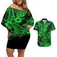 Hawaii Shark Couples Matching Off Shoulder Short Dress and Hawaiian Shirt Polynesian Pattern Green Version LT01 Green - Polynesian Pride
