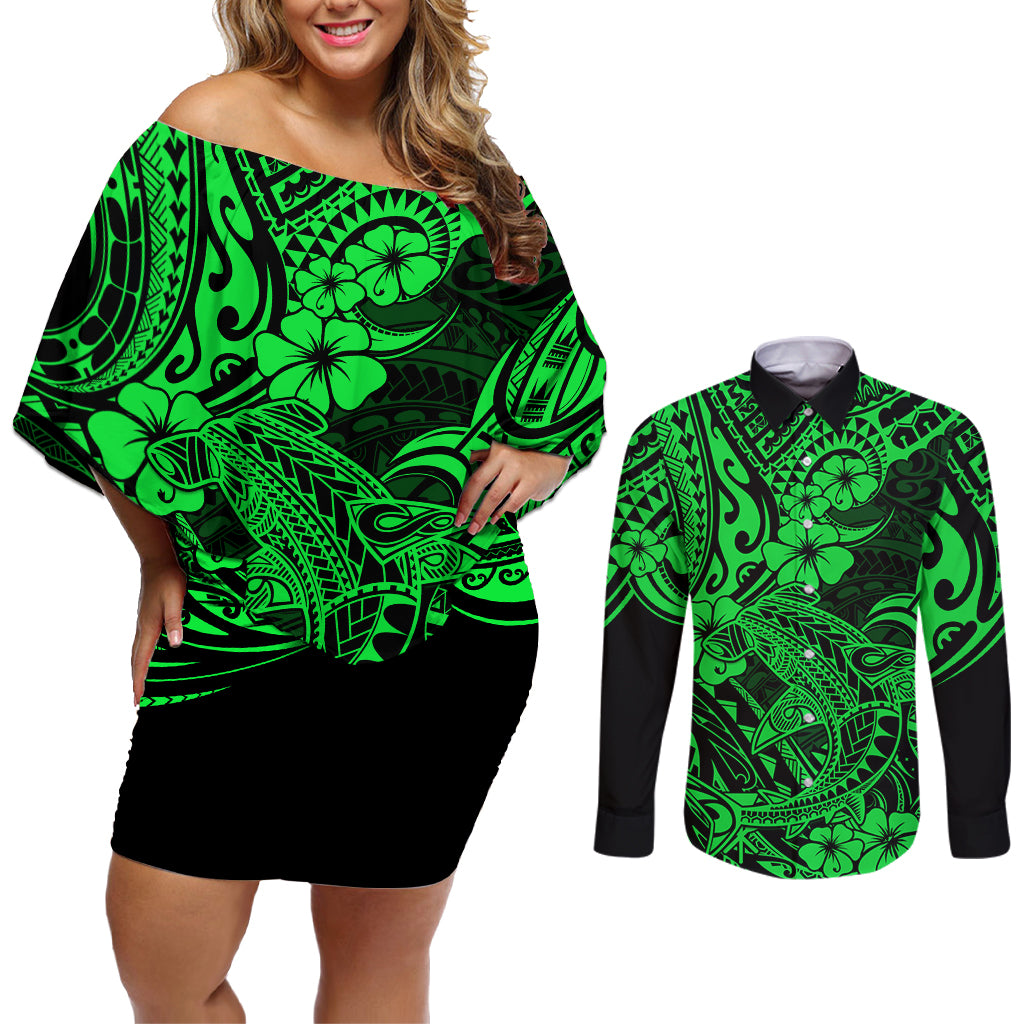 Hawaii Shark Couples Matching Off Shoulder Short Dress and Long Sleeve Button Shirts Polynesian Pattern Green Version LT01 Green - Polynesian Pride