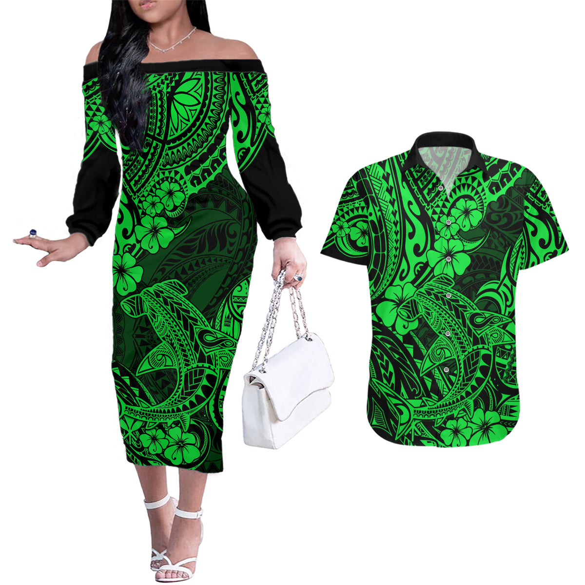 Hawaii Shark Couples Matching Off The Shoulder Long Sleeve Dress and Hawaiian Shirt Polynesian Pattern Green Version LT01 Green - Polynesian Pride