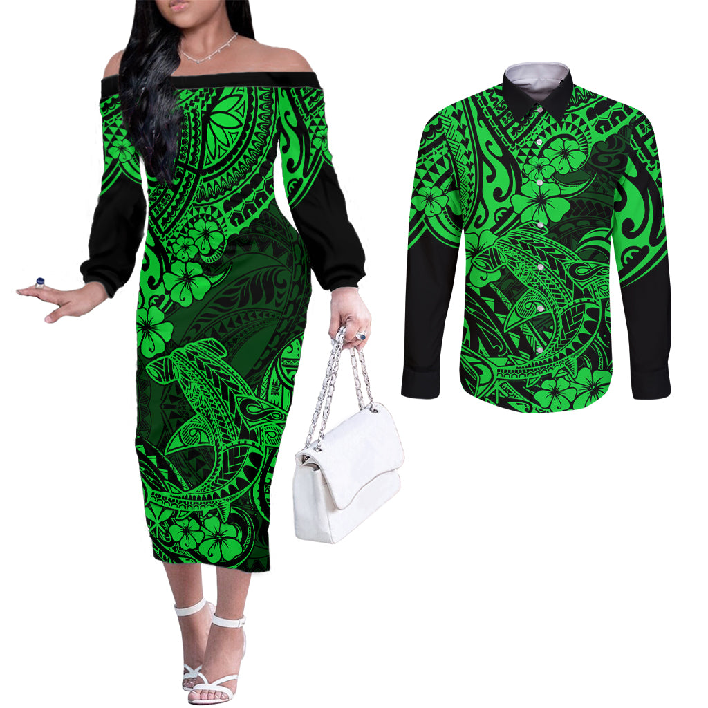 Hawaii Shark Couples Matching Off The Shoulder Long Sleeve Dress and Long Sleeve Button Shirts Polynesian Pattern Green Version LT01 Green - Polynesian Pride
