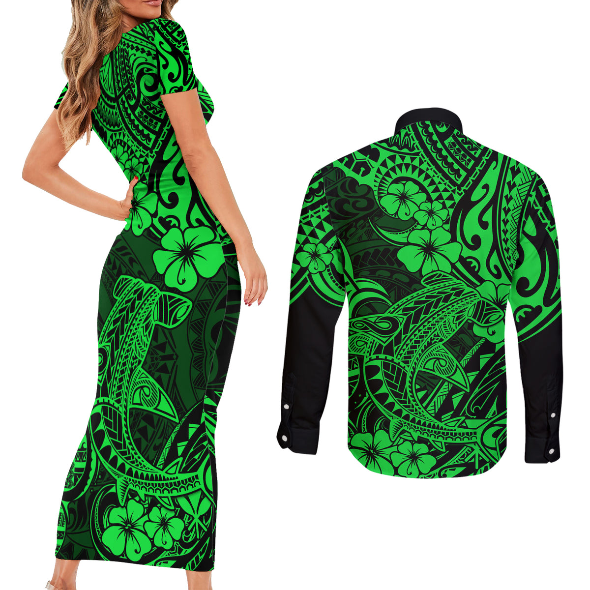 Hawaii Shark Couples Matching Short Sleeve Bodycon Dress and Long Sleeve Button Shirts Polynesian Pattern Green Version LT01 - Polynesian Pride