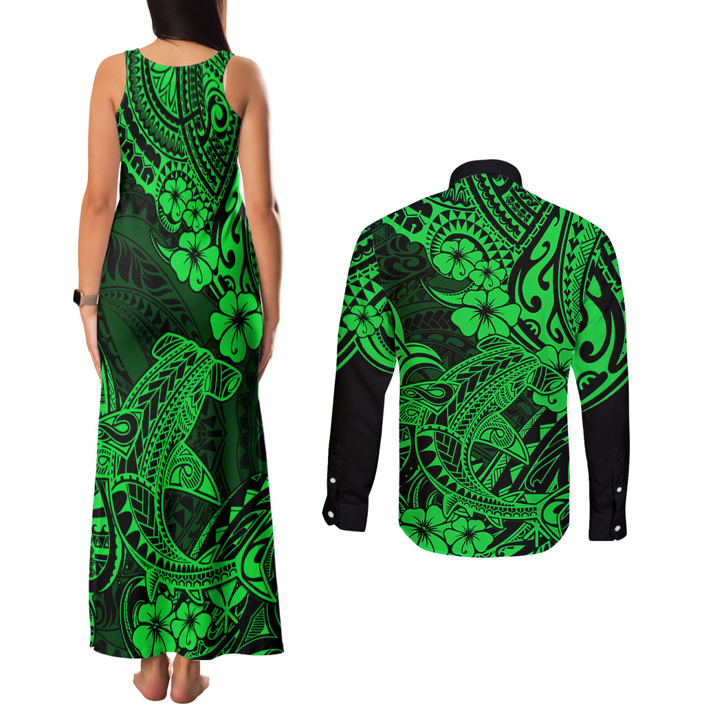 Hawaii Shark Couples Matching Tank Maxi Dress and Long Sleeve Button Shirts Polynesian Pattern Green Version LT01 - Polynesian Pride