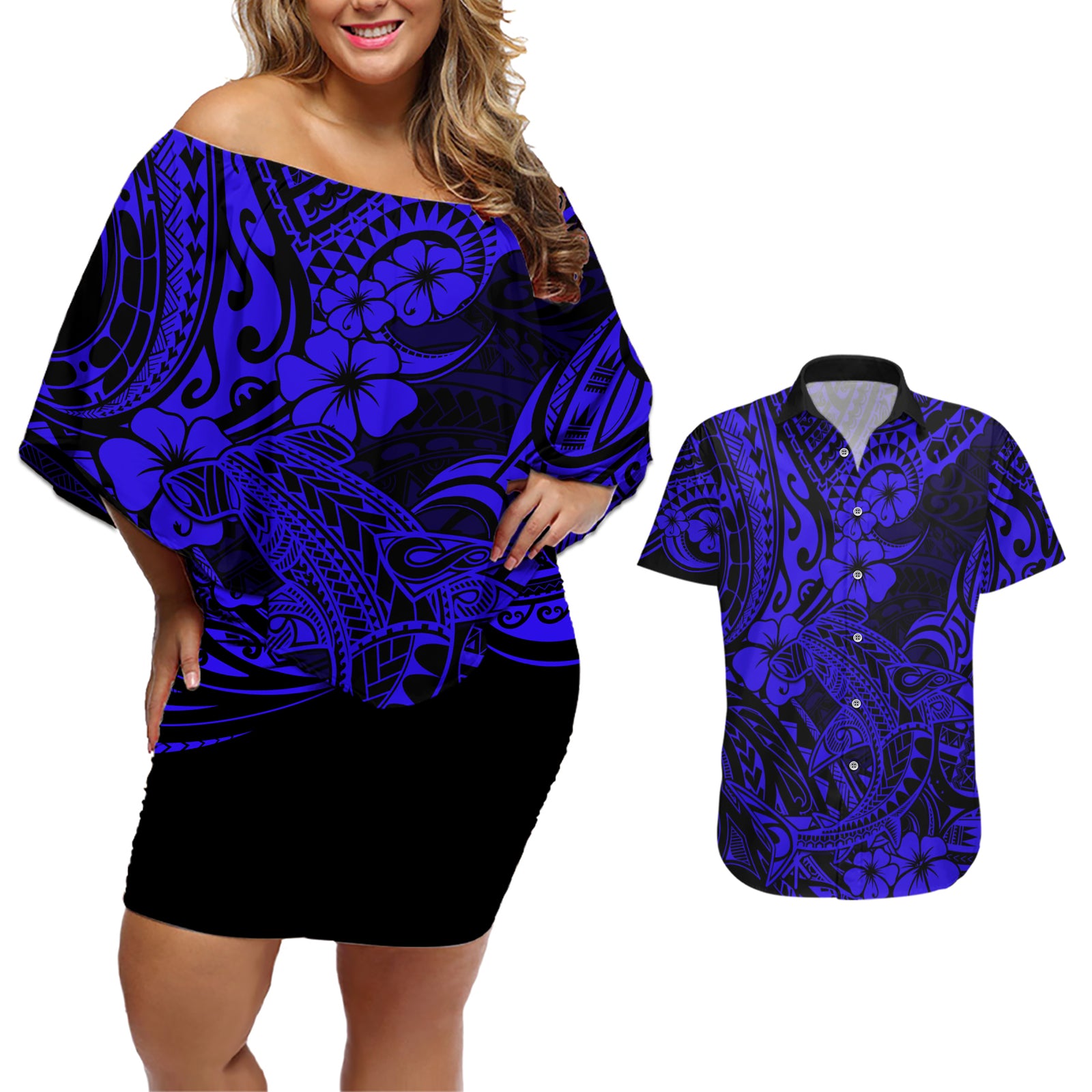 Hawaii Shark Couples Matching Off Shoulder Short Dress and Hawaiian Shirt Polynesian Pattern Navy Blue Version LT01 Blue - Polynesian Pride
