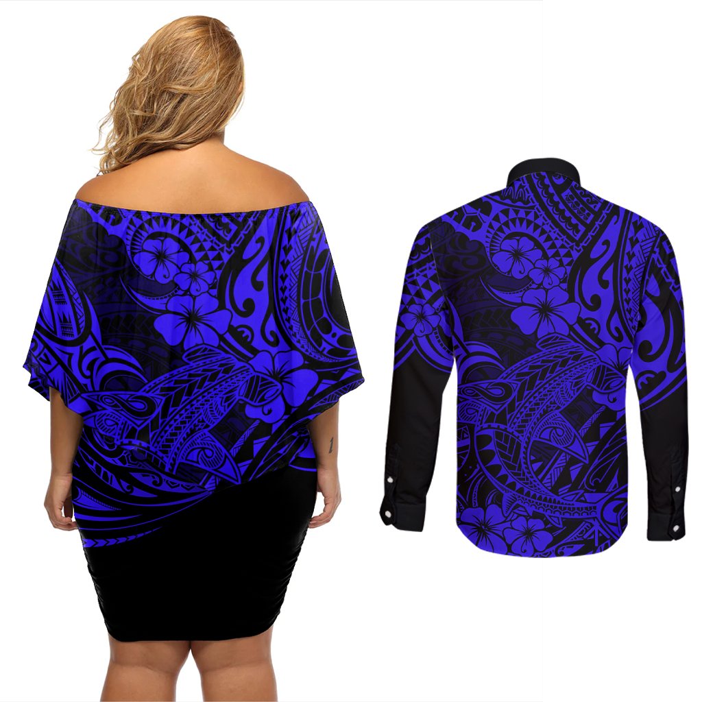 Hawaii Shark Couples Matching Off Shoulder Short Dress and Long Sleeve Button Shirts Polynesian Pattern Navy Blue Version LT01 - Polynesian Pride