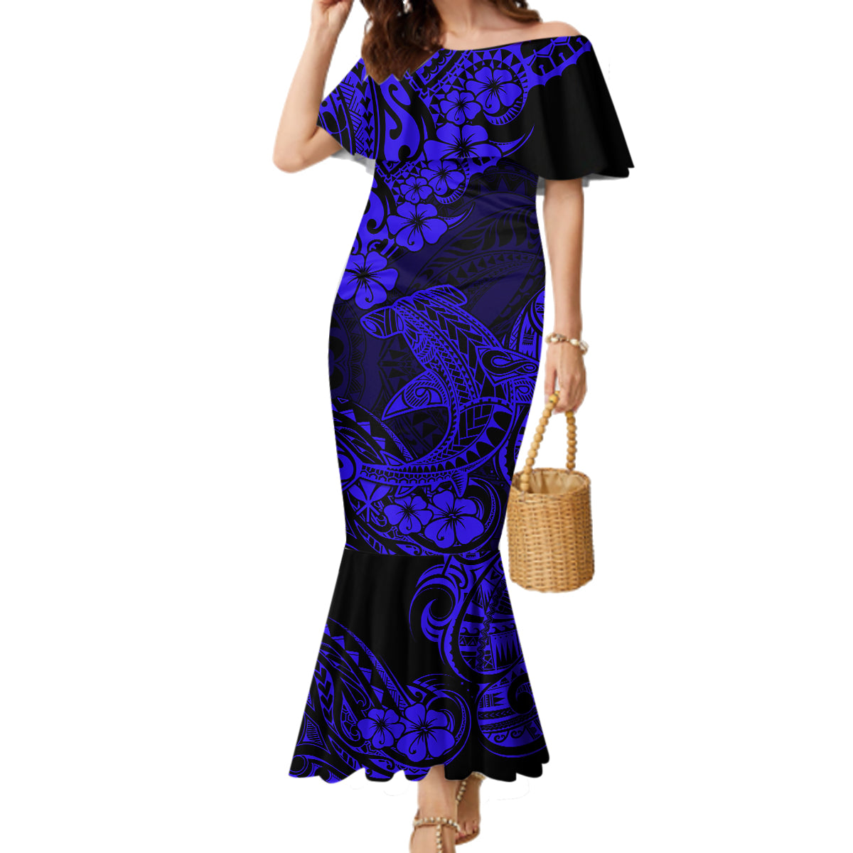 Hawaii Shark Family Matching Mermaid Dress and Hawaiian Shirt Polynesian Pattern Navy Blue Version LT01 Mom's Dress Blue - Polynesian Pride