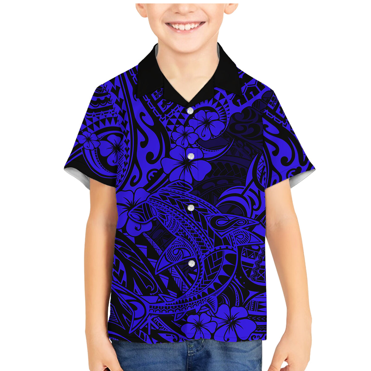 Hawaii Shark Family Matching Mermaid Dress and Hawaiian Shirt Polynesian Pattern Navy Blue Version LT01 Son's Shirt Blue - Polynesian Pride