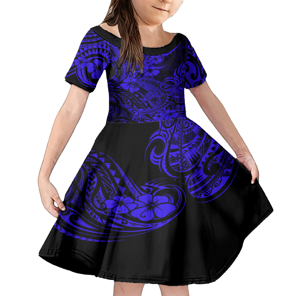 Hawaii Shark Family Matching Off Shoulder Long Sleeve Dress and Hawaiian Shirt Polynesian Pattern Navy Blue Version LT01 Daughter's Dress Blue - Polynesian Pride