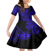Hawaii Shark Family Matching Off Shoulder Long Sleeve Dress and Hawaiian Shirt Polynesian Pattern Navy Blue Version LT01 Daughter's Dress Blue - Polynesian Pride