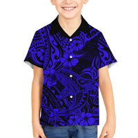 Hawaii Shark Family Matching Off Shoulder Long Sleeve Dress and Hawaiian Shirt Polynesian Pattern Navy Blue Version LT01 Son's Shirt Blue - Polynesian Pride