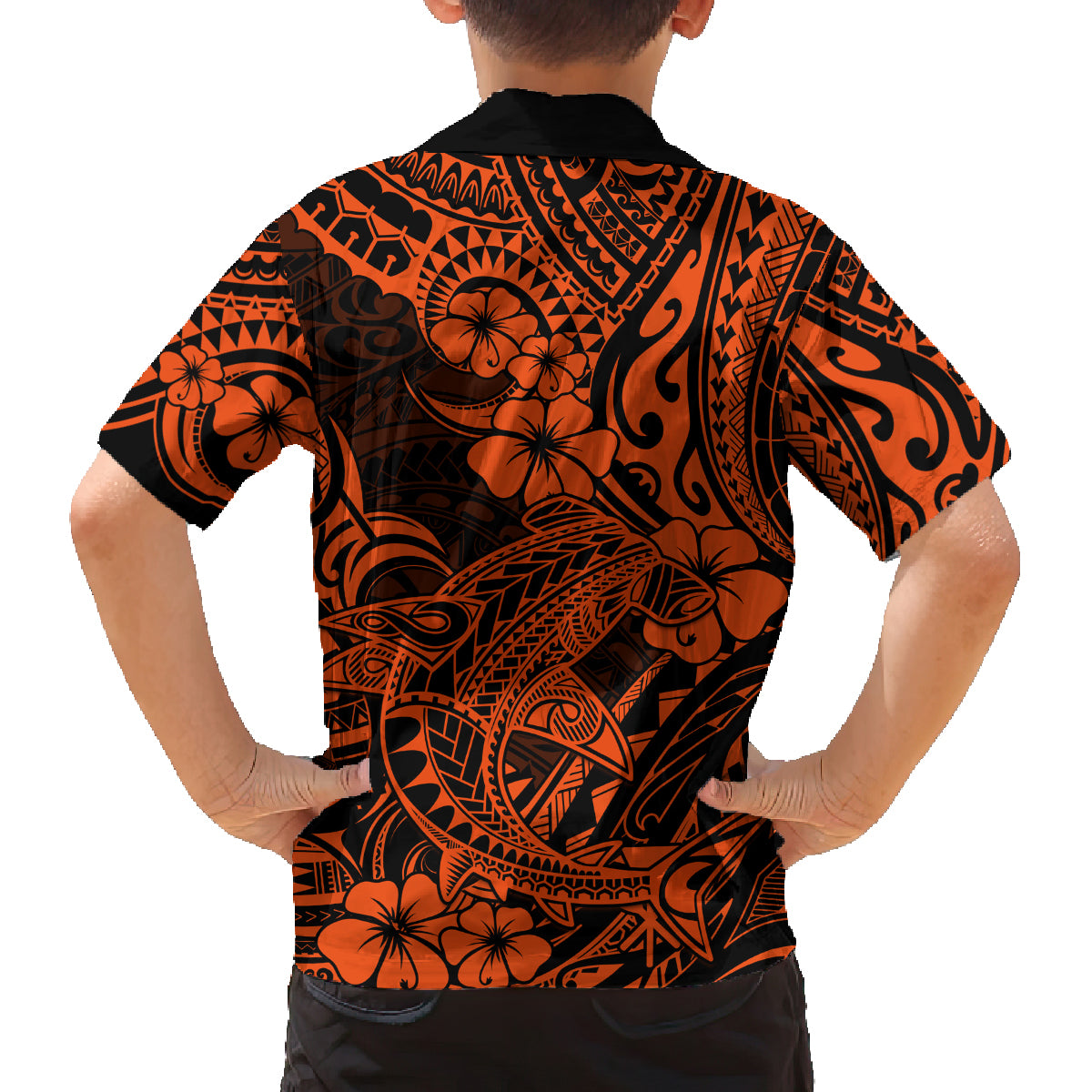 Hawaii Shark Family Matching Puletasi Dress and Hawaiian Shirt Polynesian Pattern Orange Version LT01 - Polynesian Pride