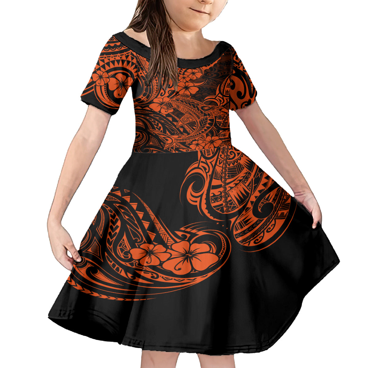Hawaii Shark Kid Short Sleeve Dress Polynesian Pattern Orange Version LT01 KID Orange - Polynesian Pride