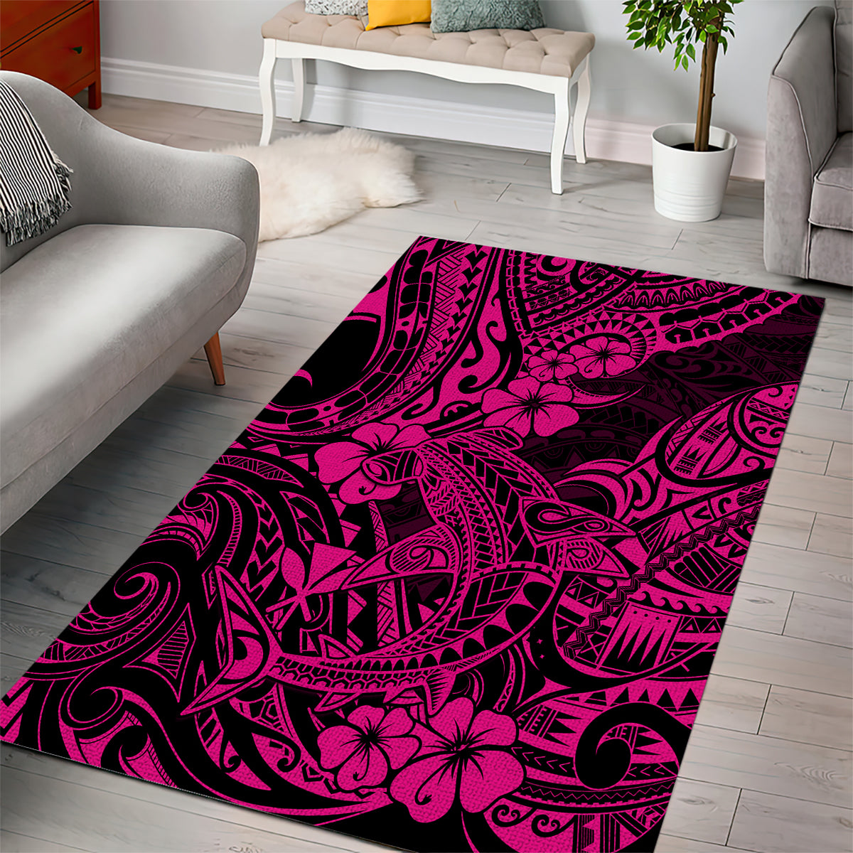 Hawaii Shark Area Rug Polynesian Pattern Pink Version LT01 - Polynesian Pride
