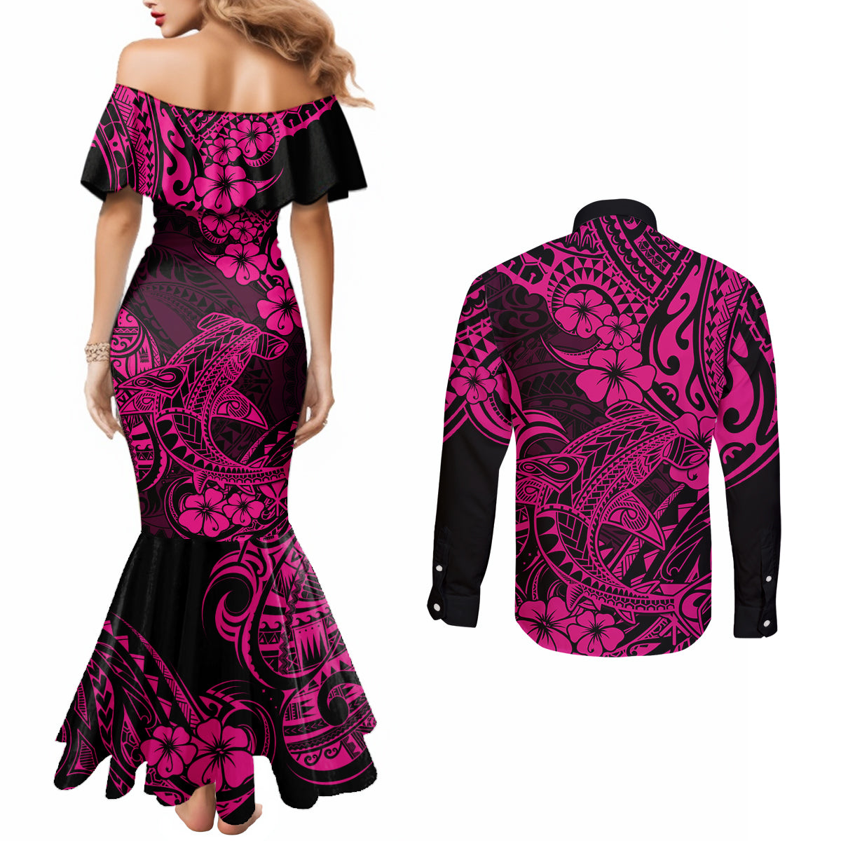 Hawaii Shark Couples Matching Mermaid Dress and Long Sleeve Button Shirts Polynesian Pattern Pink Version LT01 - Polynesian Pride