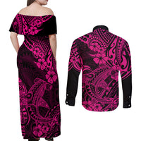 Hawaii Shark Couples Matching Off Shoulder Maxi Dress and Long Sleeve Button Shirts Polynesian Pattern Pink Version LT01 - Polynesian Pride