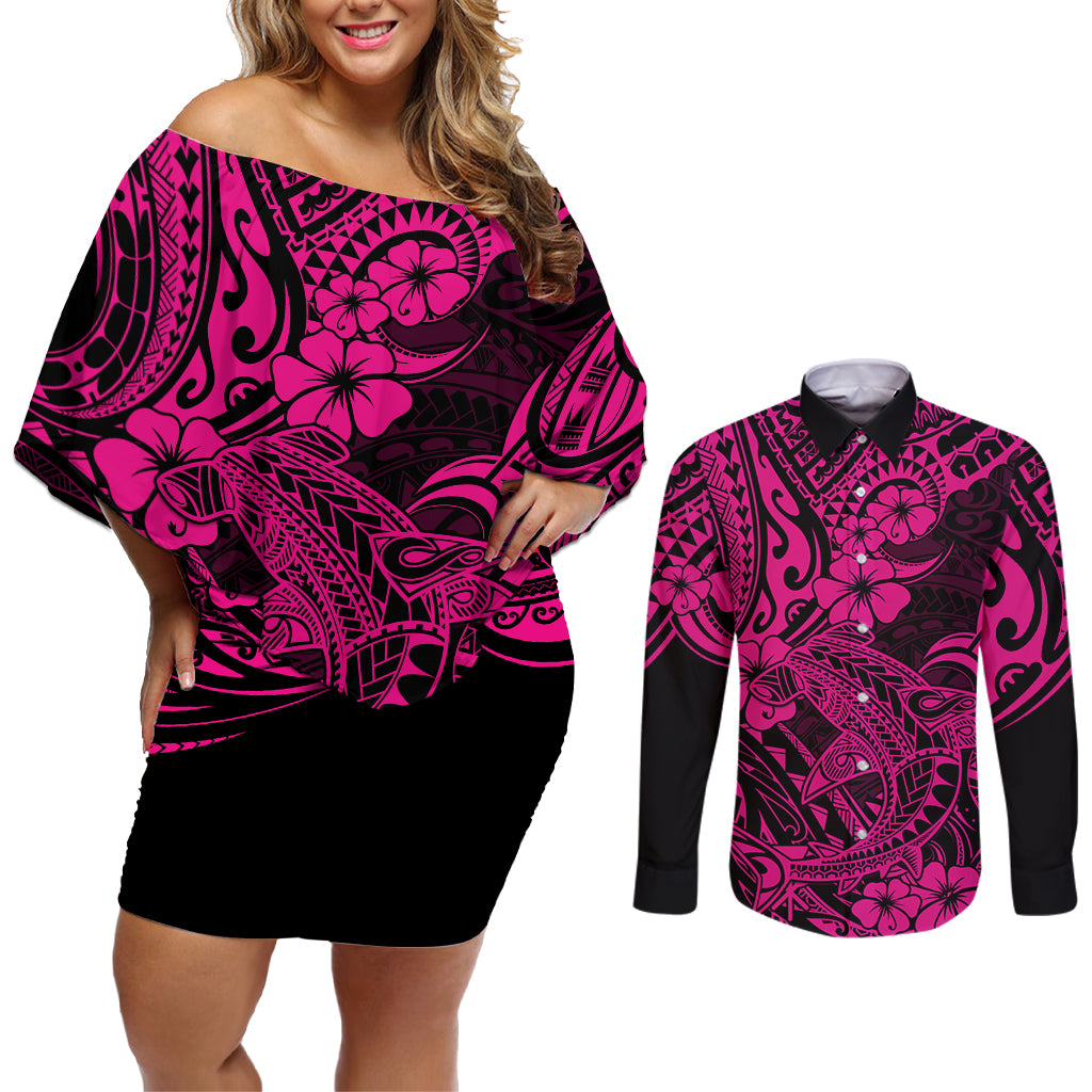 Hawaii Shark Couples Matching Off Shoulder Short Dress and Long Sleeve Button Shirts Polynesian Pattern Pink Version LT01 Pink - Polynesian Pride