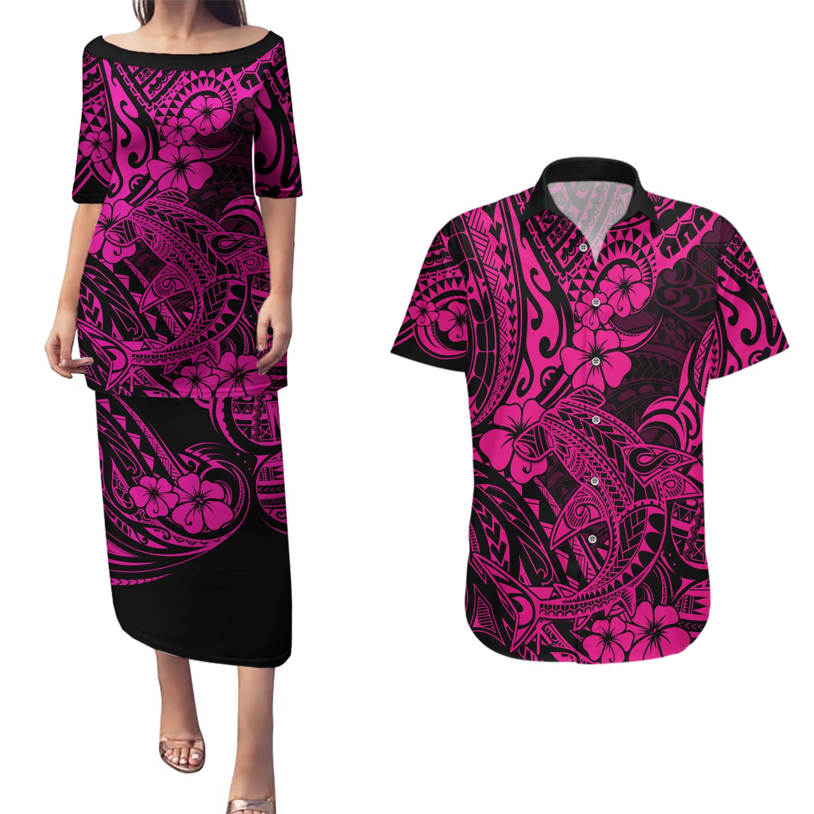 Hawaii Shark Couples Matching Puletasi Dress and Hawaiian Shirt Polynesian Pattern Pink Version LT01 Pink - Polynesian Pride