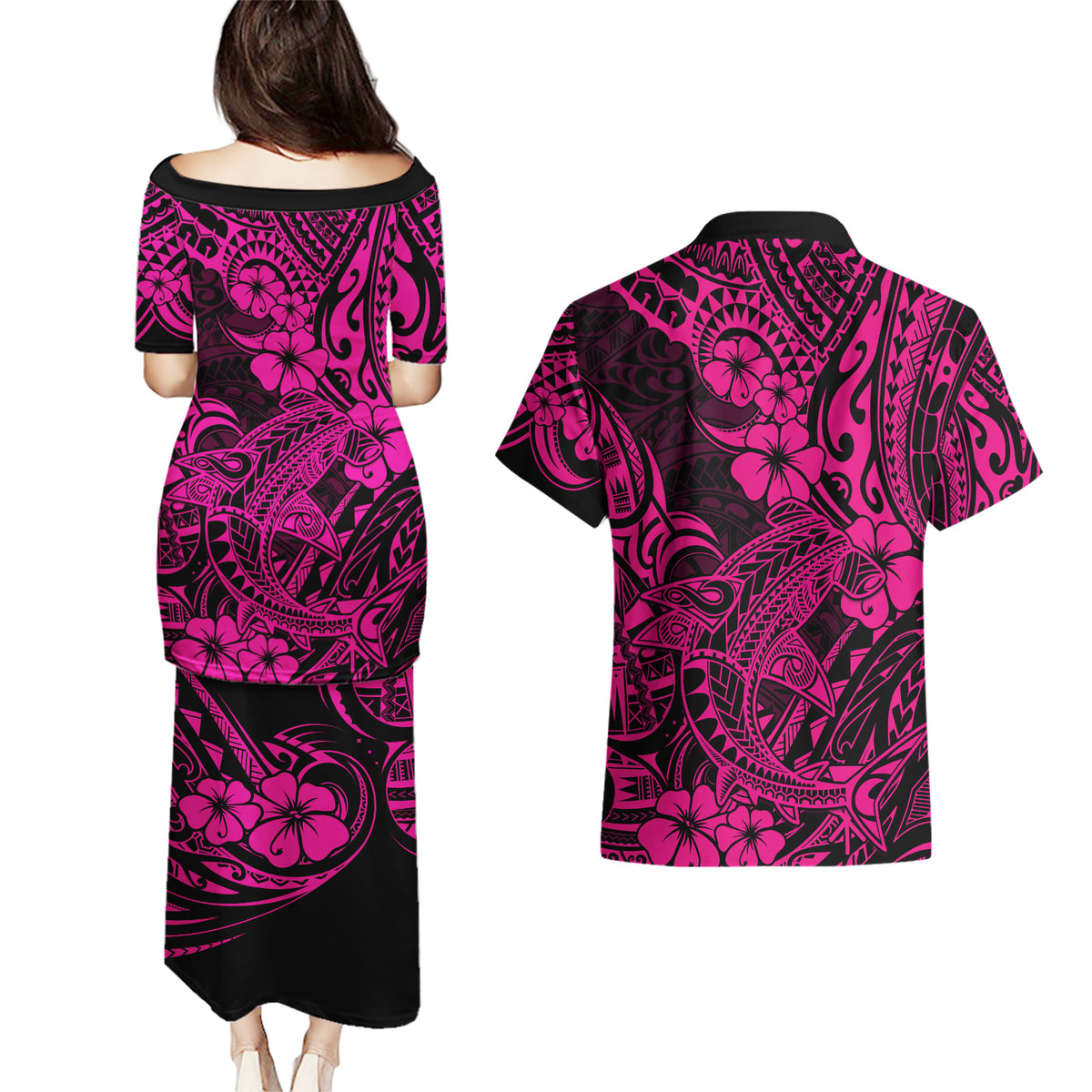Hawaii Shark Couples Matching Puletasi Dress and Hawaiian Shirt Polynesian Pattern Pink Version LT01 - Polynesian Pride