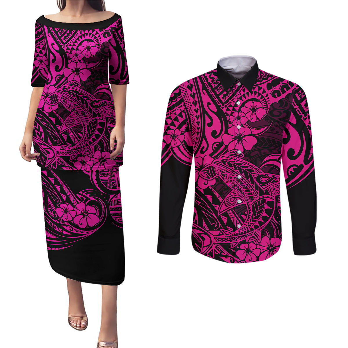 Hawaii Shark Couples Matching Puletasi Dress and Long Sleeve Button Shirts Polynesian Pattern Pink Version LT01 Pink - Polynesian Pride