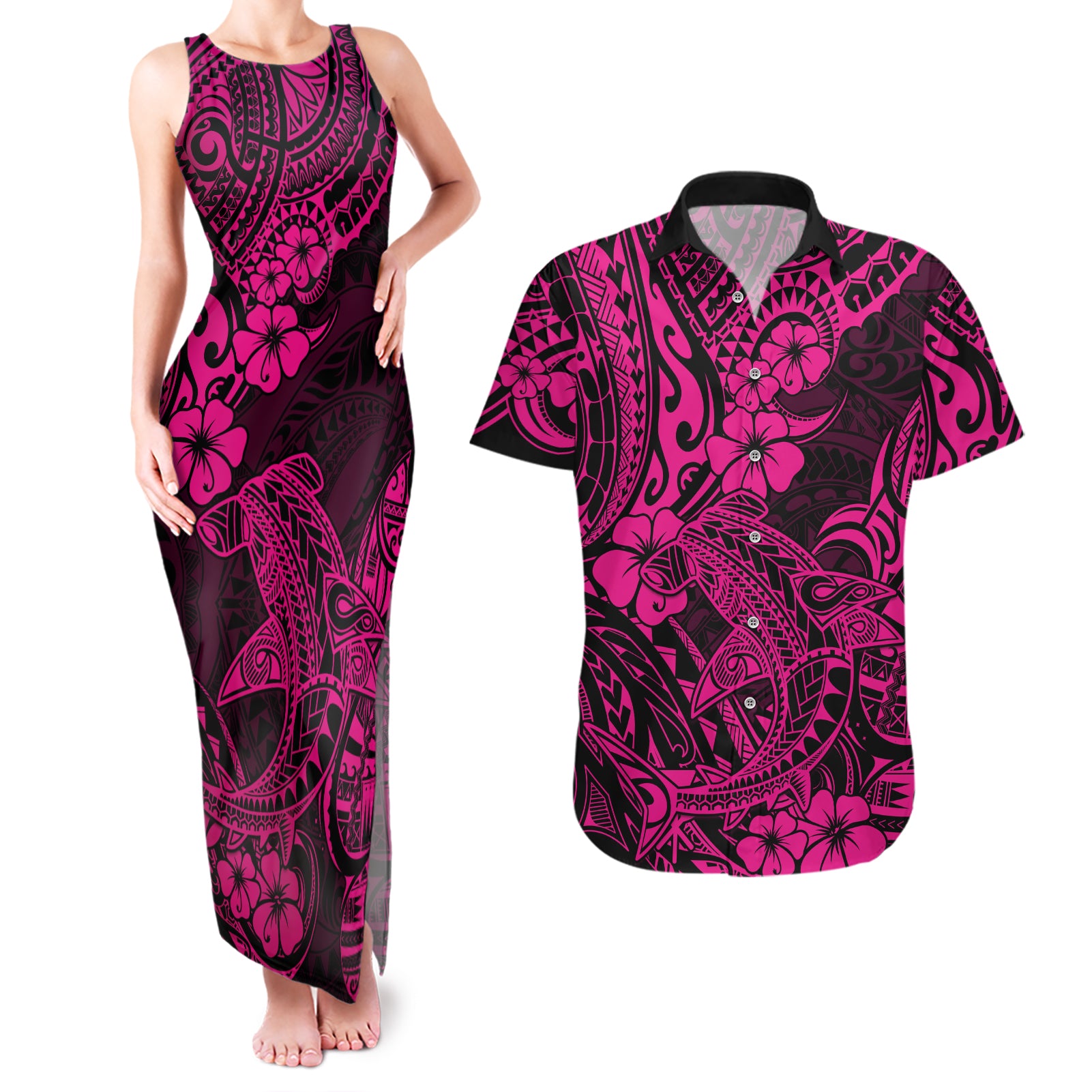 Hawaii Shark Couples Matching Tank Maxi Dress and Hawaiian Shirt Polynesian Pattern Pink Version LT01 Pink - Polynesian Pride