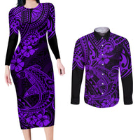 Hawaii Shark Couples Matching Long Sleeve Bodycon Dress and Long Sleeve Button Shirts Polynesian Pattern Purple Version LT01 Purple - Polynesian Pride