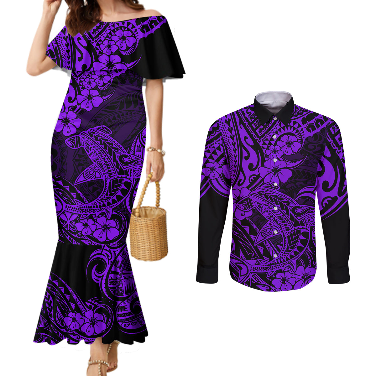Hawaii Shark Couples Matching Mermaid Dress and Long Sleeve Button Shirts Polynesian Pattern Purple Version LT01 Purple - Polynesian Pride
