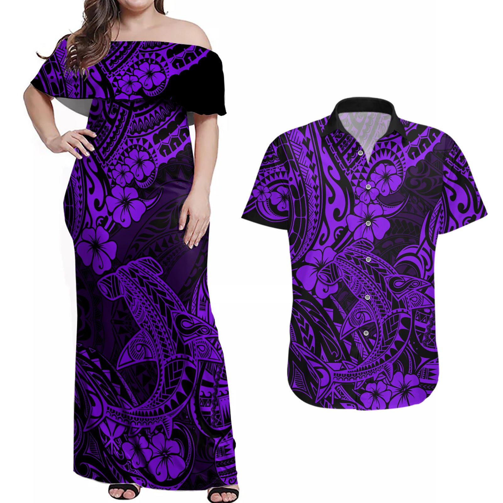 Hawaii Shark Couples Matching Off Shoulder Maxi Dress and Hawaiian Shirt Polynesian Pattern Purple Version LT01 Purple - Polynesian Pride